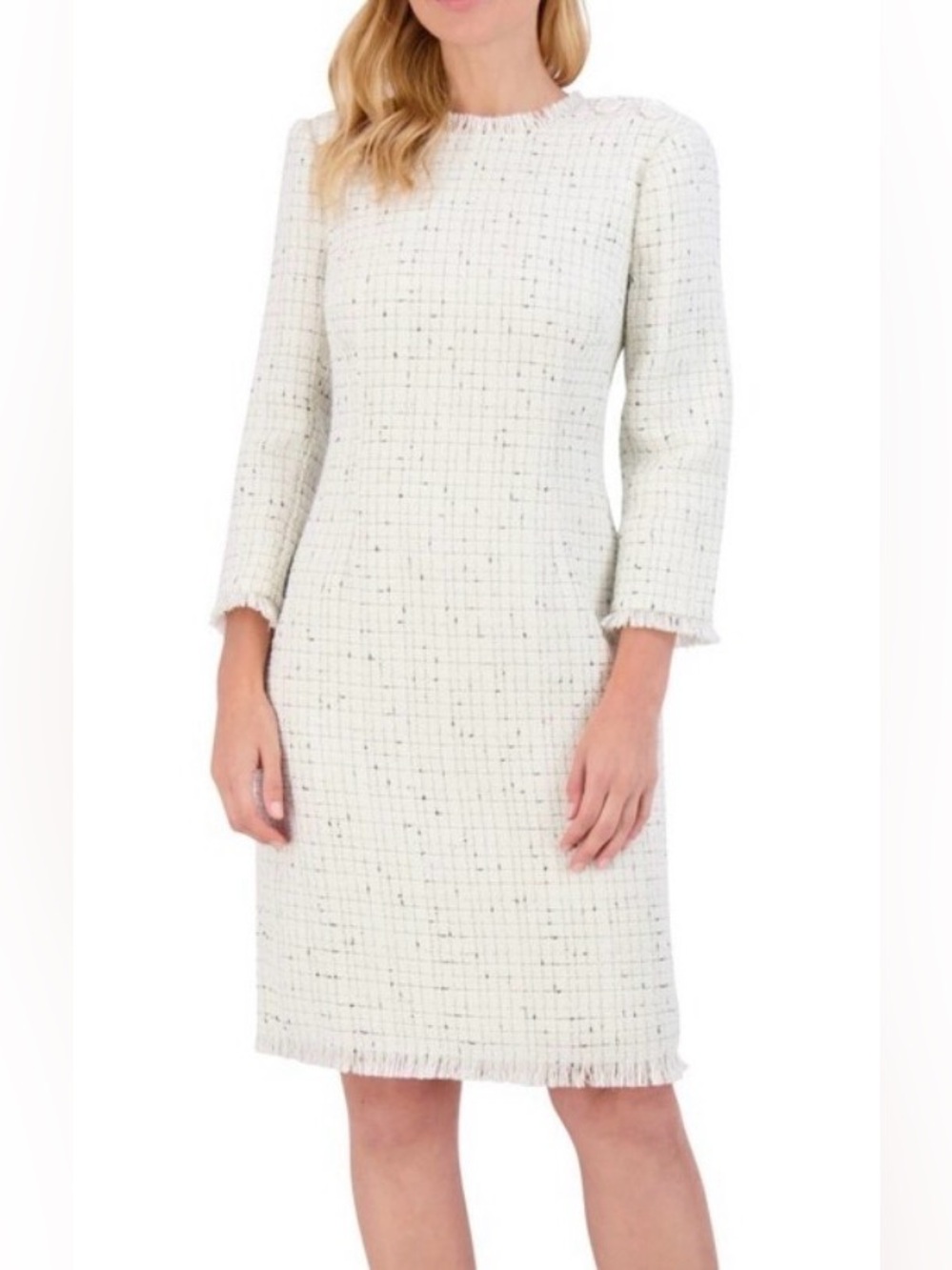 Classic  Eliza K ivory Tweed Shift Dress with Button Detail